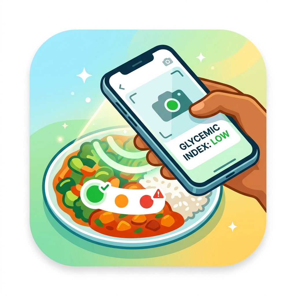 A hand holds a phone scanning a plate of rice and curry. The phone screen shows a green camera reticle and a 'Glycemic Index: LOW' verdict, with a green/amber/red traffic-light indicator below.
